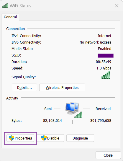 Ethernet connection properties
