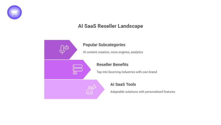Illustration representing AI SaaS reseller landscape including the subcategories, benefits, and tools.
