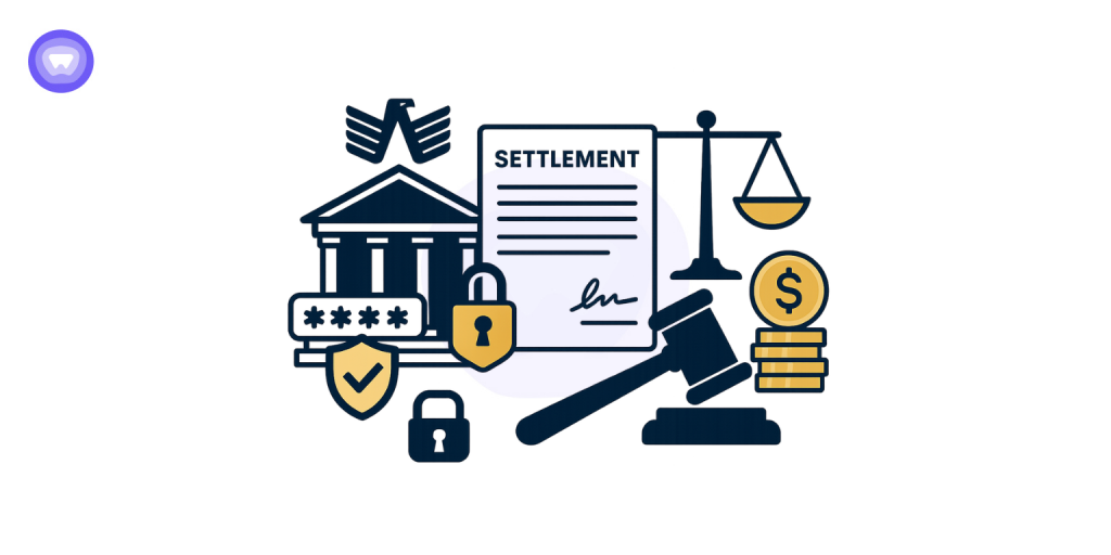 Illustration representing USAA data breach settlement with courthouse, security icons, legal scale, money, gavel, and settlement document.