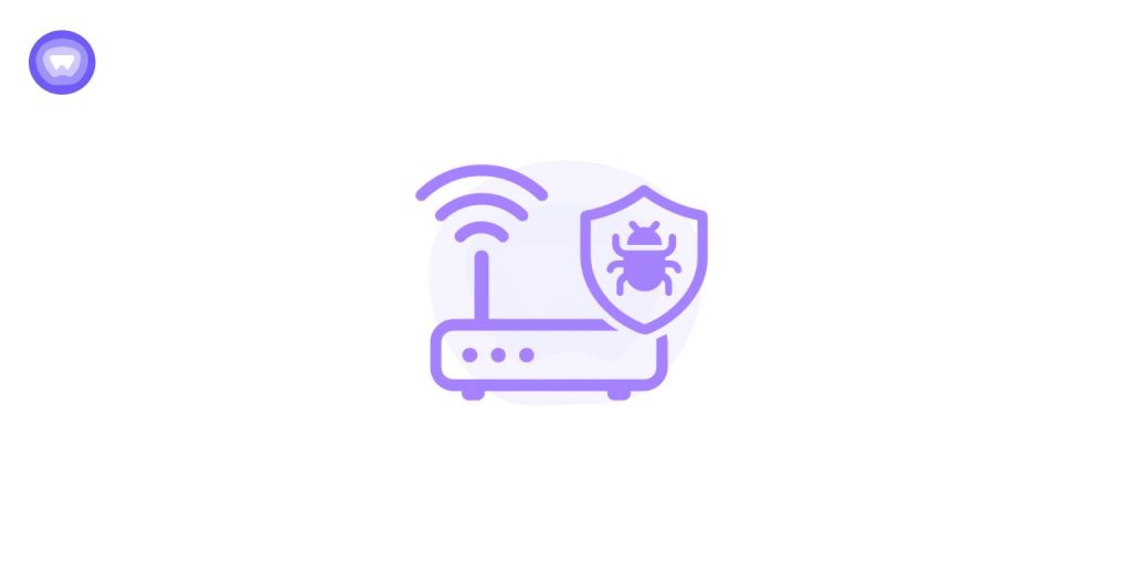 White router icon with a shield and bug symbol representing malware used to hack WiFi networks.