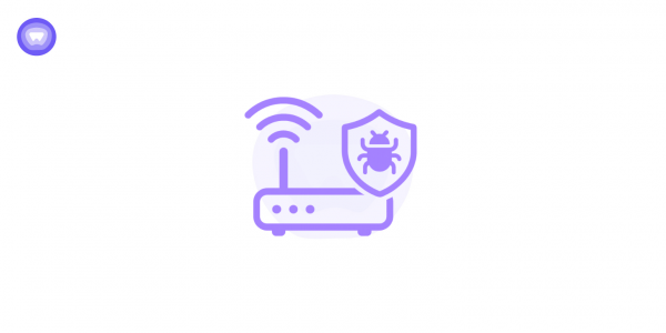 White router icon with a shield and bug symbol representing malware used to hack WiFi networks.