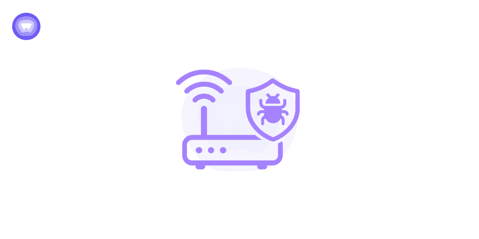 White router icon with a shield and bug symbol representing malware used to hack WiFi networks.
