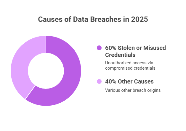 A pie chart depicting the causes of data breaches, showing that stolen credentials are the main reason in 2025.