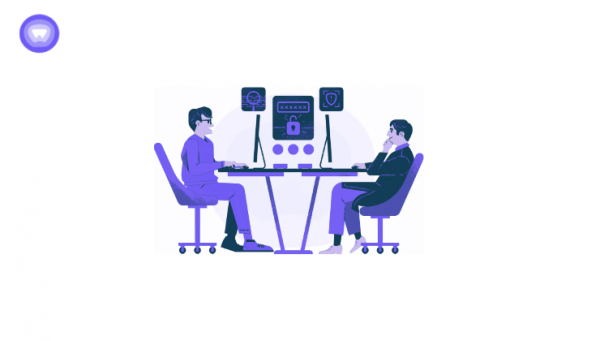 Illustration of two professionals working on computers with security icons, representing a white label password manager vault setup.