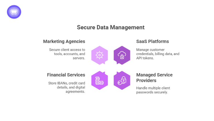 Visual representation of secure data management and password vault applications for businesses.
