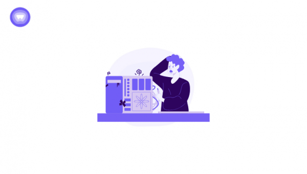 Illustration of a confused person sitting beside a computer with security icons, representating troubleshooting or setup issues in white label password manager vault