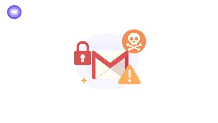 Illustration showing the Google Gmail Data Breach with a Gmail icon, padlock, warning triangle, and skull symbol representing security threats.