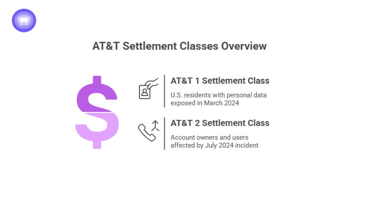 Definitions of AT&T 1 and AT&T 2 settlement classes covering U.S. residents affected by the March 2024 and July 2024 data breaches.
