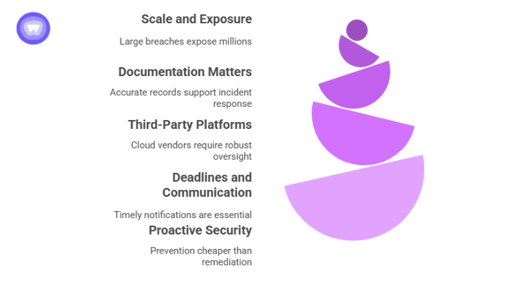 Key cybersecurity lessons from the AT&T data breach settlement highlighting risks of large-scale exposure, importance of documentation, third-party oversight, meeting deadlines, and proactive security investment.
