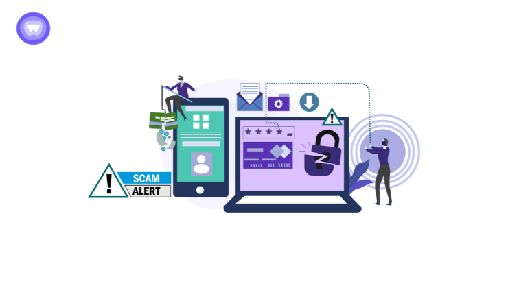 Various components of a business network under influence of a scam alert, including leaked credential and financial assets, highlighting the importance of strict cybersecurity measures.