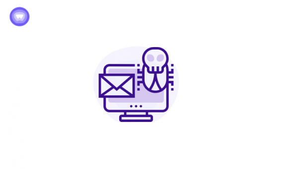 Minimalistic illustration of a computer screen with an email bug against a purple background, highlighting the rise in cybercrime in 2025.