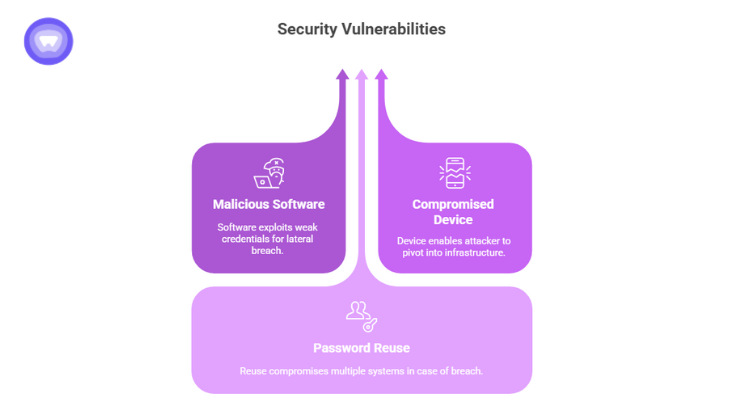 Image illustrating how weak or reused passwords can let attackers move from a compromised device to multiple systems.
