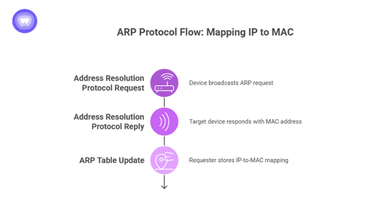 Illustration showing ARP request, reply, and ARP table update with IP-to-MAC mapping.