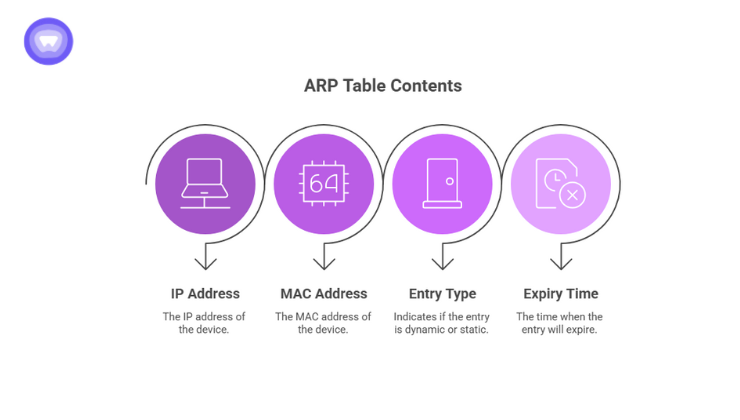 Diagram of an ARP table showing IP address, MAC address, entry type, and expiry time.