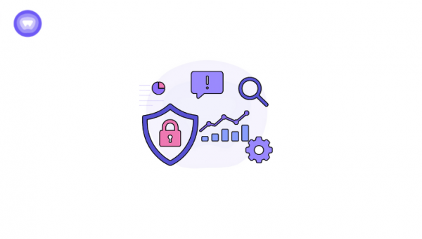 Minimalistic modern illustration of a SaaS security incident showing a shield with a padlock, AI analytics dashboard, cookies, integration icons, and a magnifying glass, with colors contrasting a white background.