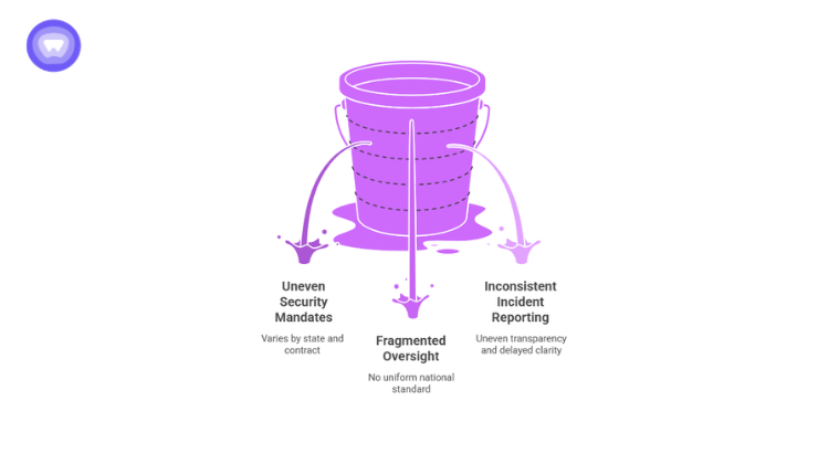 Infographic depicting "Fragmented Oversight" as a leaking bucket to show the lack of uniform national standards and delayed clarity in reporting.