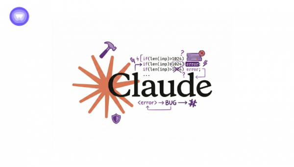 The Claude logo with purple hammer, shield, and bug-fixing annotations over digital code symbols.
