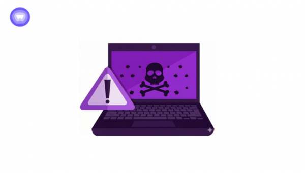 A purple-themed illustration of a laptop with a skull and crossbones on the screen, surrounded by small bug icons and a large purple warning sign.