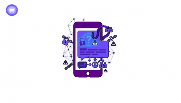 Vector graphic of a smartphone displaying a fraudulent text message, featuring a phishing hook, broken security chains, and warning symbols.