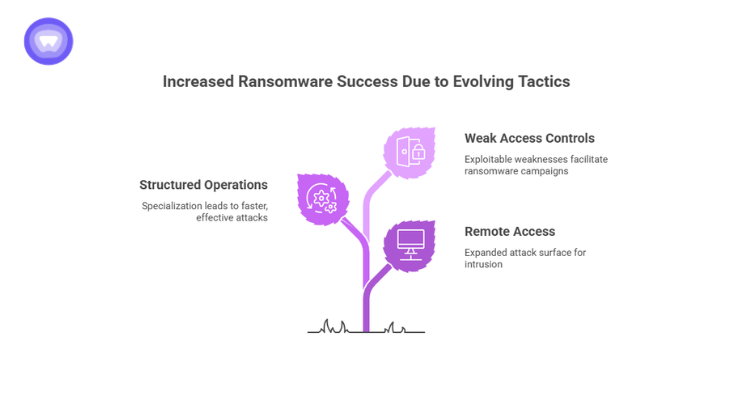 Infographic featuring a purple plant graphic where leaves represent factors like Structured Operations, Weak Access Controls, and Remote Access.
