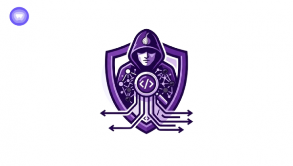 Purple and white vector graphic of a hooded figure representing a hacker, centered within a protective shield.