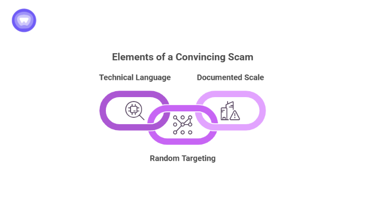 An infographic featuring three interlocking purple chain links: "Technical Language," "Random Targeting," and "Documented Scale."