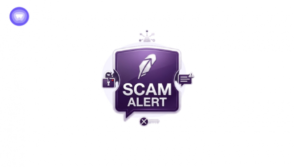 A purple shield graphic with a white Robinhood feather logo and the words "SCAM ALERT" surrounded by small security icons.