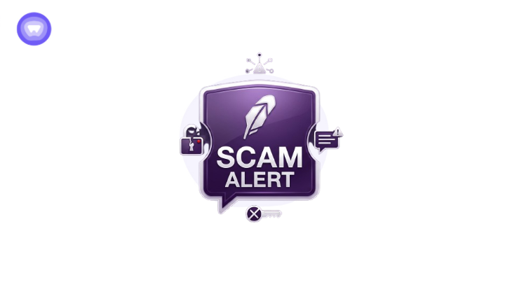 A purple shield graphic with a white Robinhood feather logo and the words "SCAM ALERT" surrounded by small security icons.