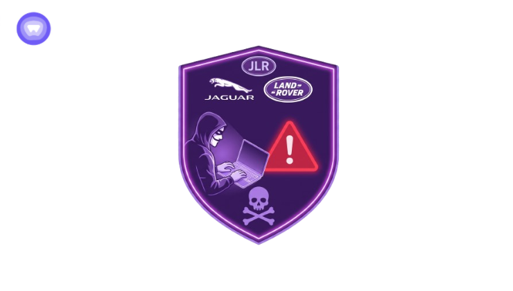 A purple shield graphic featuring the Jaguar and Land Rover logos, a hooded hacker using a laptop next to a red warning sign, and a skull and crossbones symbol.