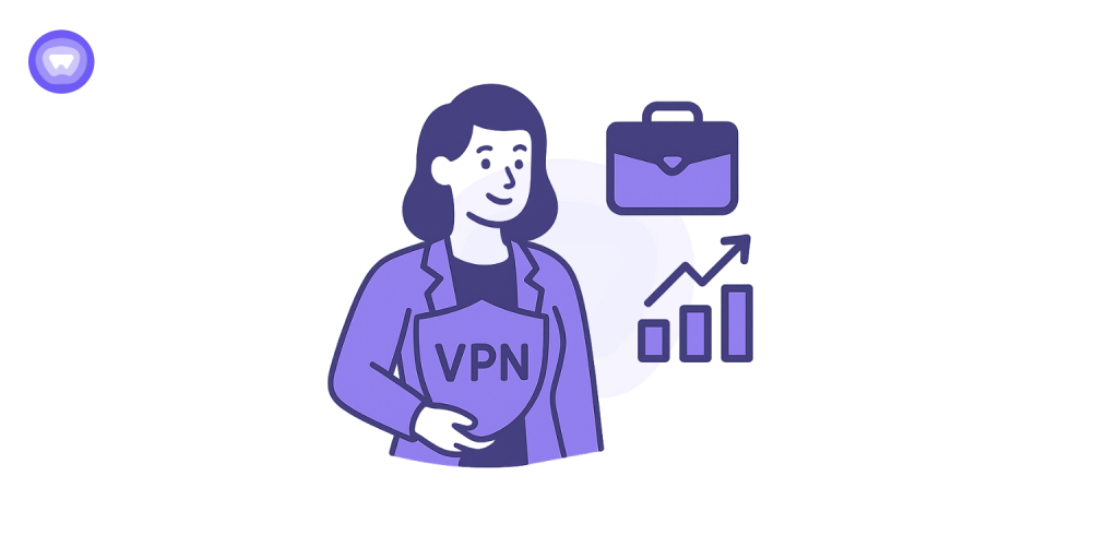 Illustration of a woman holding a VPN shield with icons of a briefcase and rising bar chart, representing the concept of what is a white label VPN.
