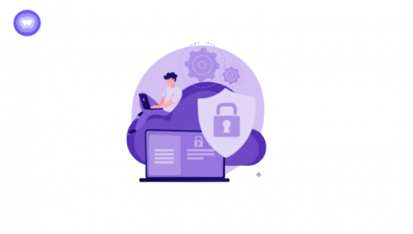 A purple technical illustration of a developer on a cloud, featuring a large padlock shield and gear icons to represent secure, automated cloud infrastructure.