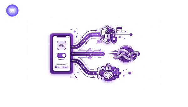 Minimalist purple and white graphic illustrating a white-label VPN platform branching into secure network protocols.