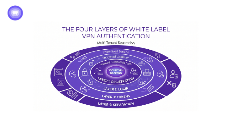A diagram with four purple circles showing steps: registration, login, tokens, and separation, and the words "The Four Layers of White Label VPN Authentication" at the top.