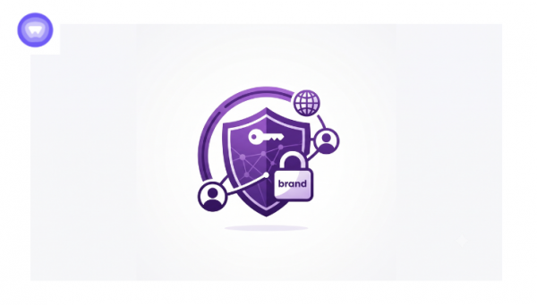 Flat vector illustration of a purple security shield, padlock, and network nodes on a plain white background.