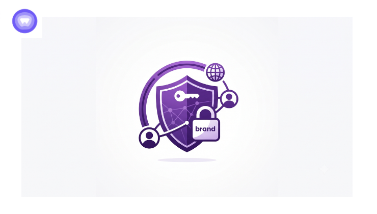Flat vector illustration of a purple security shield, padlock, and network nodes on a plain white background.