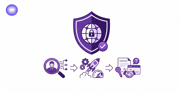 A purple minimalist graphic featuring a VPN shield icon surrounded by symbols representing questions, business deals, and network security to show white label vpn checklist.