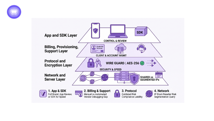 A minimalistic vector infographic in purple and white illustrating the four structural layers of a white label VPN service, stacked from infrastructure to branding.