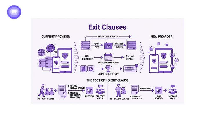 A detailed purple and white infographic illustrating vendor exit terms.