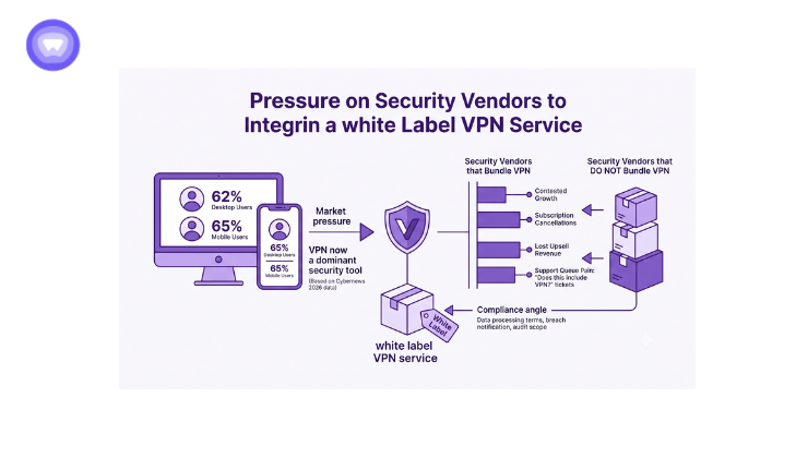 Minimal vector graphic in purple and white showing high consumer VPN adoption rates driving security vendors toward white-label bundling.