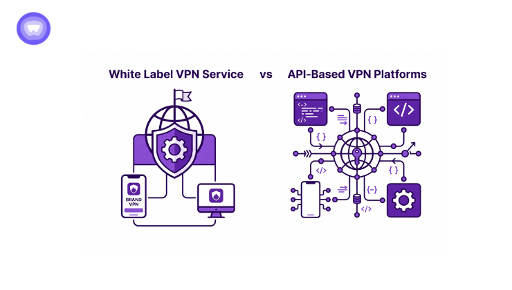 A diagram illustrating VPN service, showing secure connections and data encryption between devices and the internet.