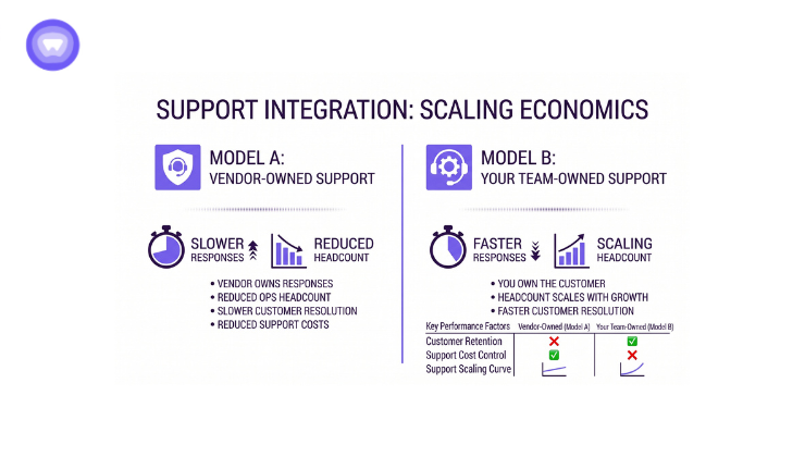 Diagram illustrating support integration for scaling economics in a business context. White label VPN platforms compared.