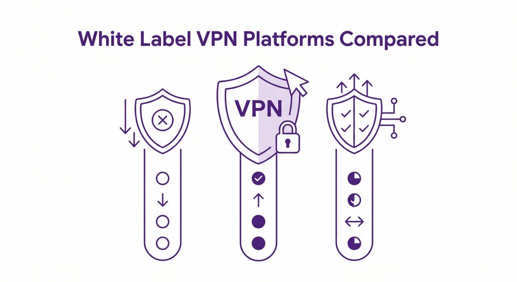 Comparison chart of various white label VPN platforms highlighting features and pricing.