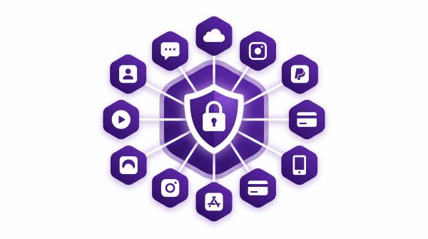 A purple and white graphic featuring a circular arrangement of various icons.
