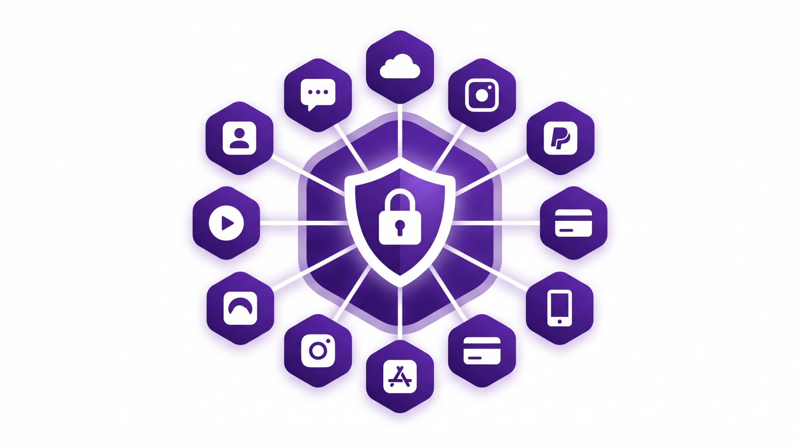A purple and white graphic featuring a circular arrangement of various icons.