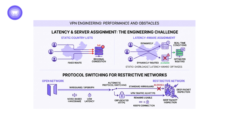 Diagram illustrating the server selection compliance process with labeled steps and flowchart elements.