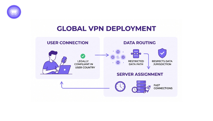 Diagram illustrating the global deployment of a VPN, showing interconnected nodes and network pathways across various regions.