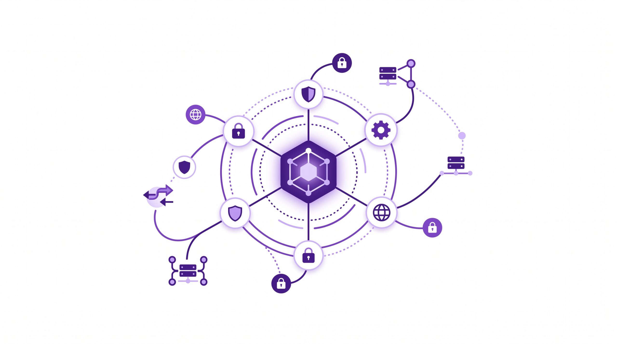 A purple and white abstract image featuring a prominent circle surrounding the central design.