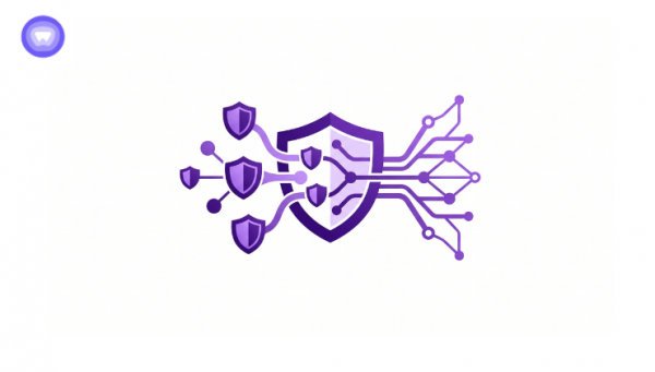 A purple shield centered on a matching purple background, symbolizing protection and strength.
