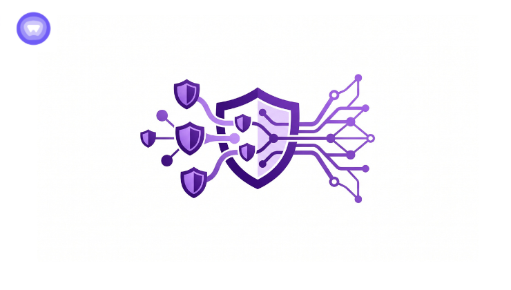 A purple shield centered on a matching purple background, symbolizing protection and strength.