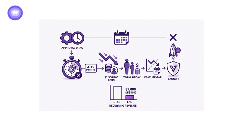 Infographic illustrating business losses from a delayed feature launch, including a breakdown of $1,500 monthly and $9,000 total revenue impact.